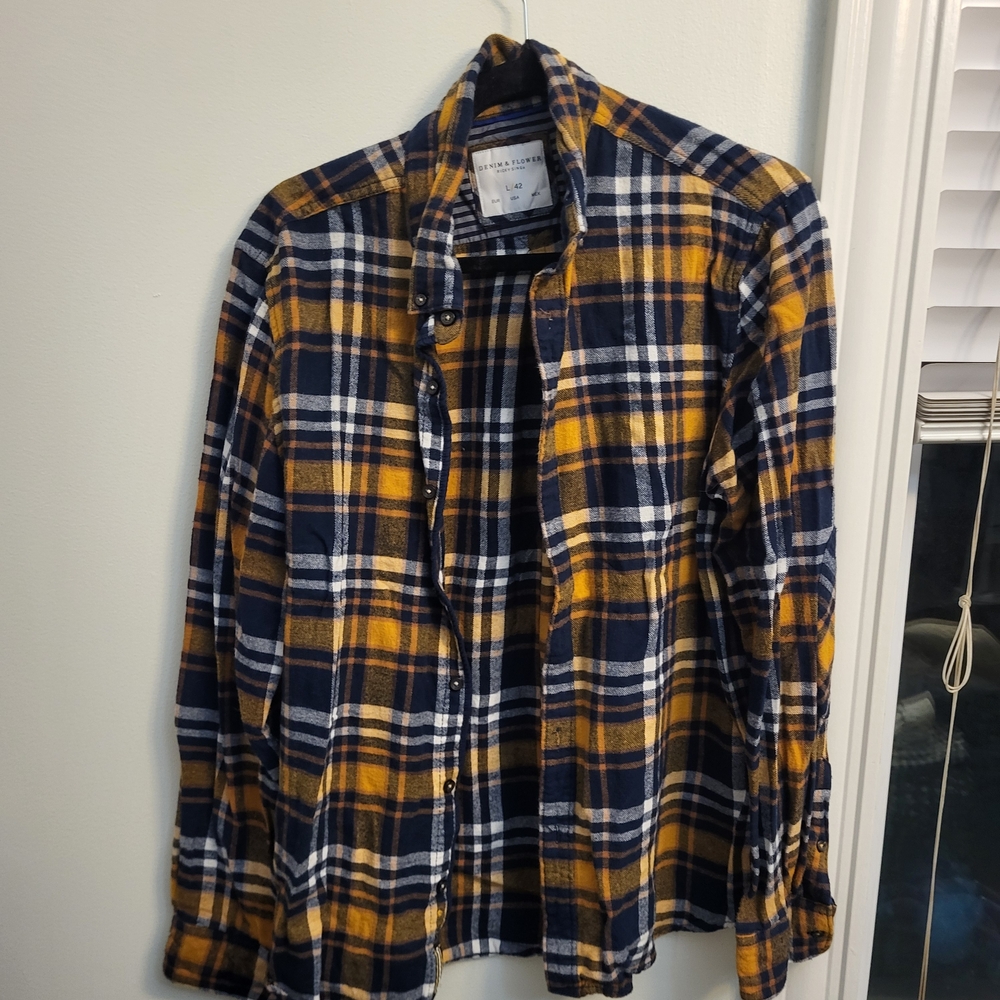 Denim & Flower Navy and Mustard Plaid Shirt
